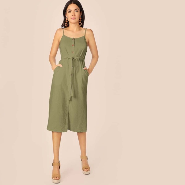 

Solid Button Front Belted Slip Dress
