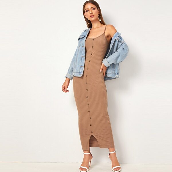 

Button Up Rib-knit Split Pencil Cami Dress