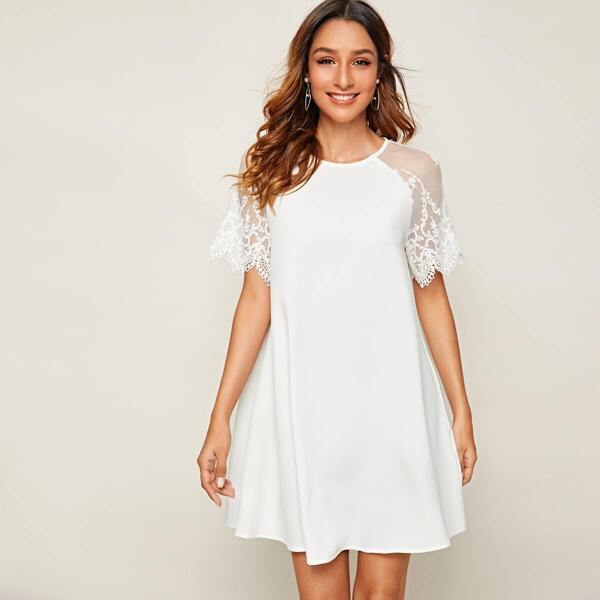 

Embroidered Mesh Sleeve Tunic Dress