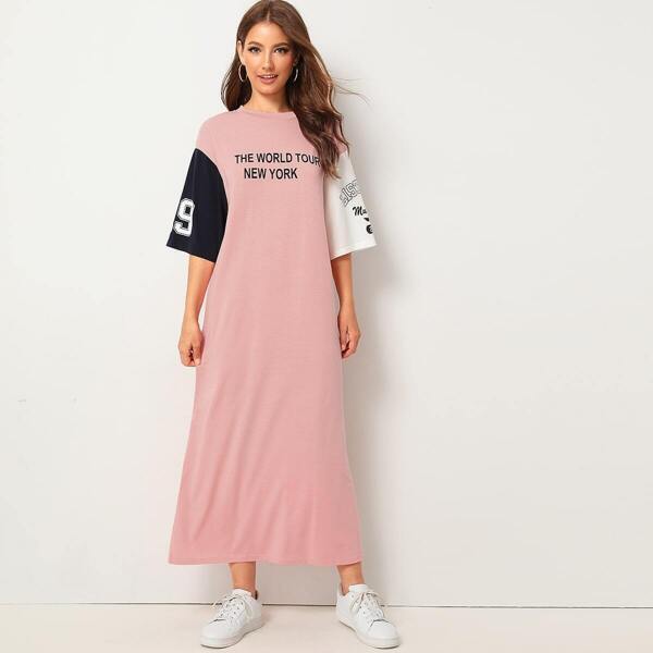 

Slogan Graphic Color-block T-shirt Dress, Pink pastel