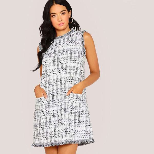 

Raw Hem Detail Patch Pocket Tweed Dress