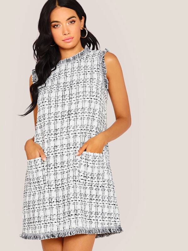

Raw Hem Detail Patch Pocket Tweed Dress, White, Rona Mahal