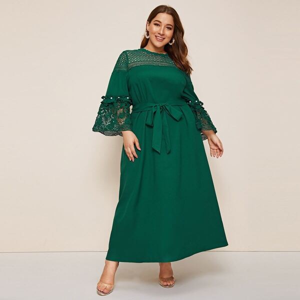 

Plus Keyhole Back Guipure Lace Trim Belted Dress, Green