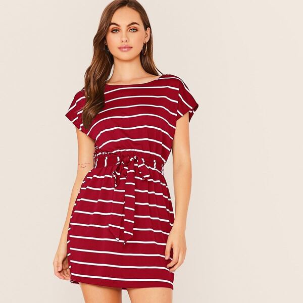 

Striped Print Belted Dress, Burgundy