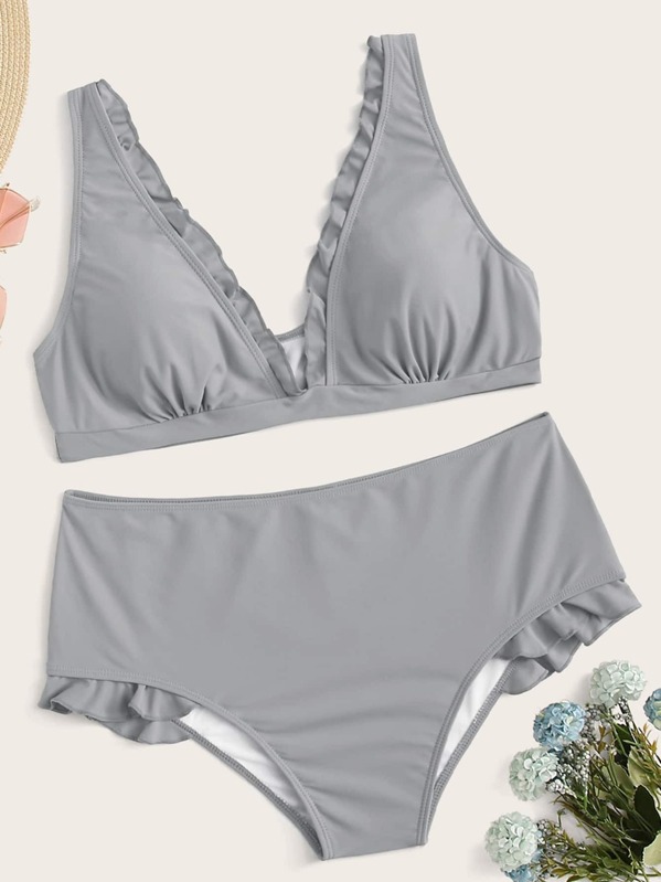 

Plus Frill Trim Top With High Waist Bikini Set, Grey
