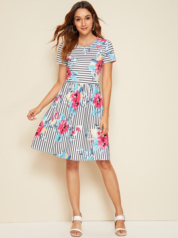 

Striped & Floral Print Fit & Flare Dress, Multicolor, Gabi B