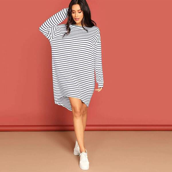 

Striped High Low Hem Drop Shoulder Dress