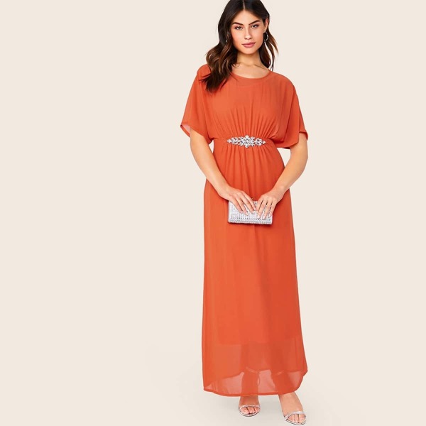 

Shirred Waist Batwing Sleeve Rhinestone Detail Dress, Orange