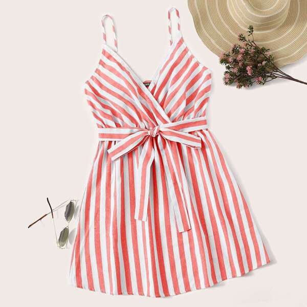 

Striped Print Belted Slip Dress, Red