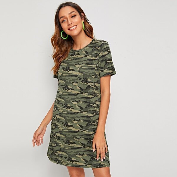

Patch Pocket Camo Print Tee Dress, Multicolor