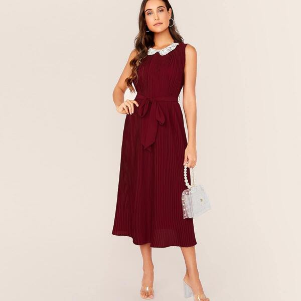 

Contrast Neck Self Belted Pleated Dress, Burgundy