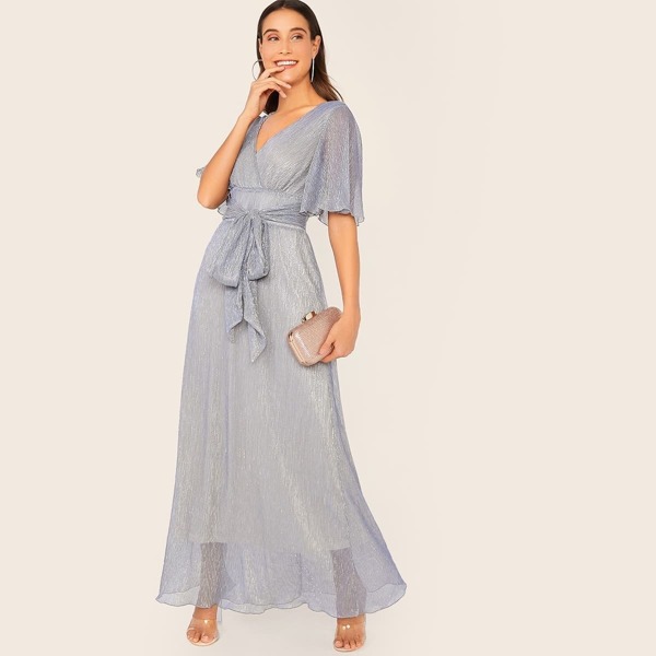 

Surplice Neck Shirred Waist Belted Glitter Dress, Grey