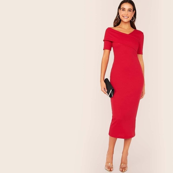 

Solid Asymmetrical Neck Bodycon Dress, Red