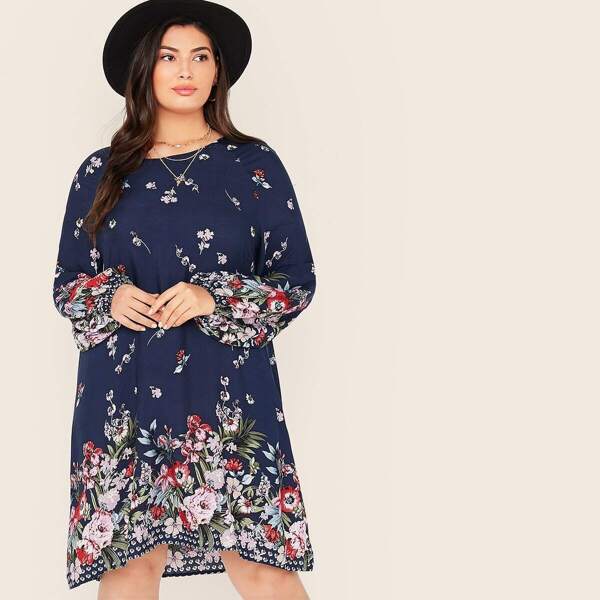 

Plus Floral Print Bishop Sleeve Dress, Multicolor