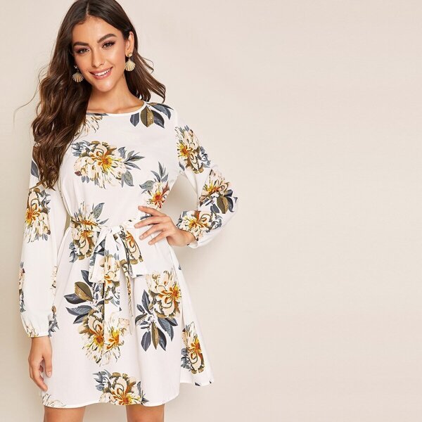 

Floral Print Keyhole Back Belted Dress, White