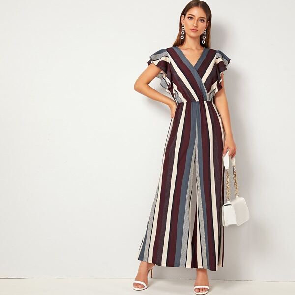 

Striped Ruffle Armhole Wide Leg Jumpsuit