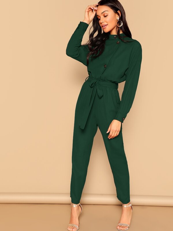 

Drop Shoulder Button Front Self Belted Jumpsuit, Green, Juliette