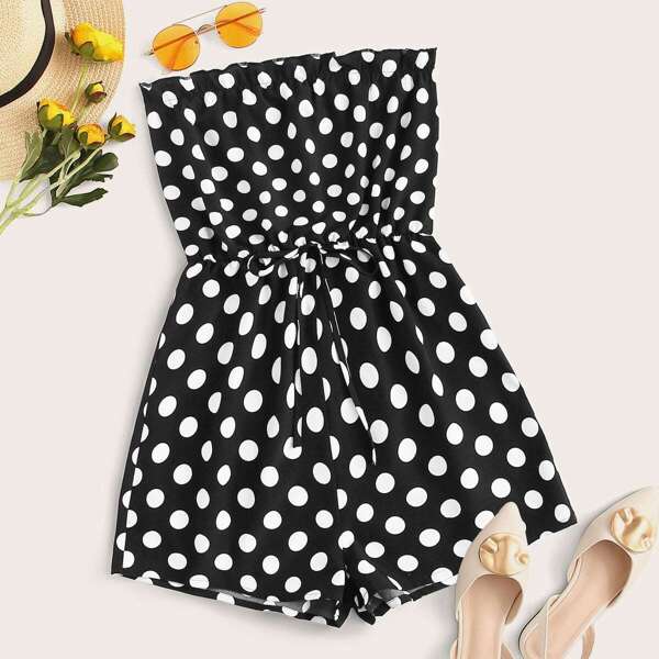 

Frill Trim Drawstring Waist Polka Dot Tube Romper