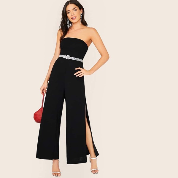 

Zipper Front Split Thigh Tube Jumpsuit Without Belt, Black