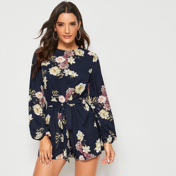 

Floral Tie Front Keyhole Back Romper, Navy