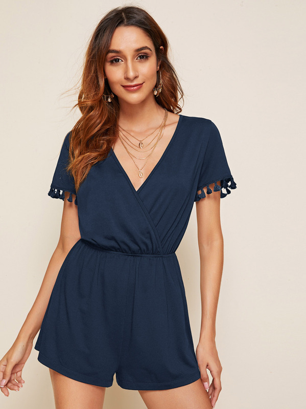 

Solid Fringe Trim Surplice Neck Romper, Navy, Gabi B