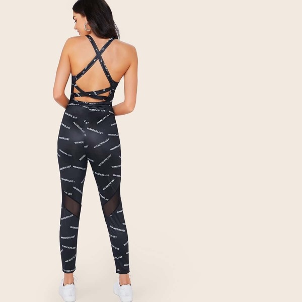 

Crisscross Back Mesh Insert Letter Print Skinny Jumpsuit, Black