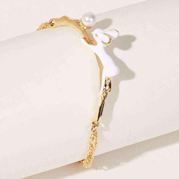 

Rabbit & Faux Pearl Decor Chain Bracelet 1pc, Gold