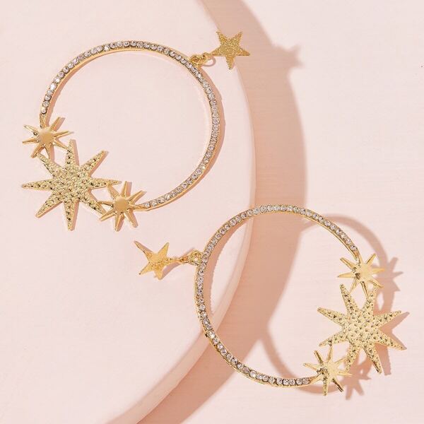 

Star Decor Rhinestone Engraved Hoop Earrings 1pair