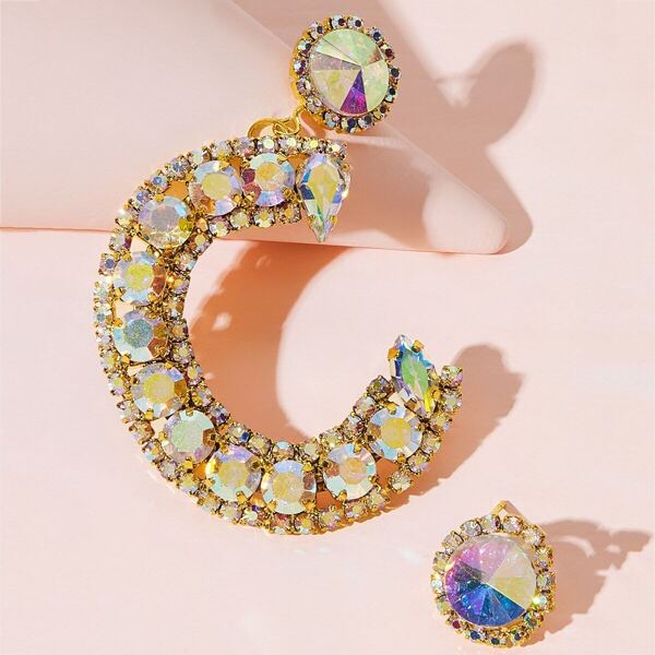 

Rhinestone Engraved C Shaped Mismatched Earrings 1pair, Multicolor