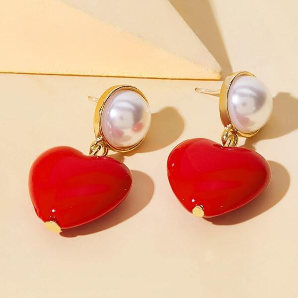 

Faux Pearl Decor Heart Drop Earrings 1pair