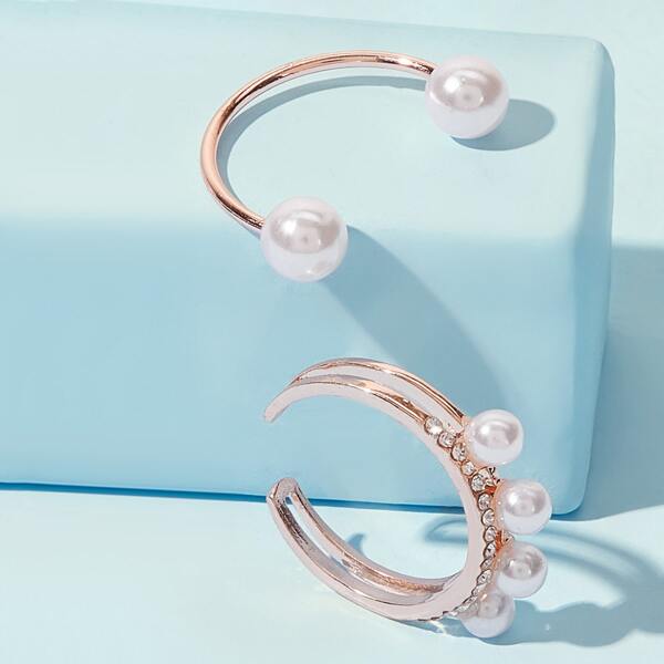 

Rhinestone Engraved Faux Pearl Decor Cuff Ring 2pcs