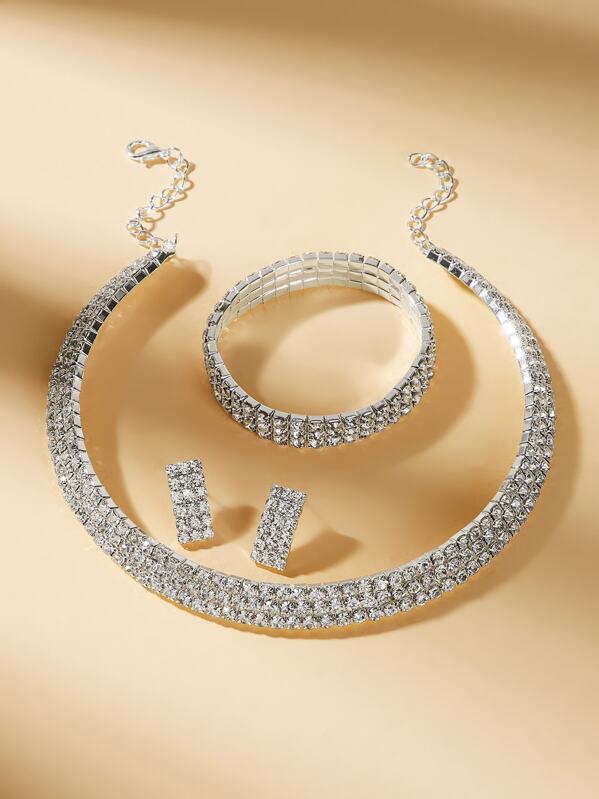 

Rhinestone Design Choker & Earrings & Bracelet Set 4pcs