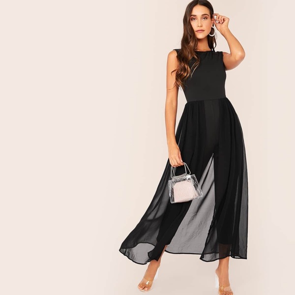 

Solid Tank Crop Jumpsuit With Skirt, Black
