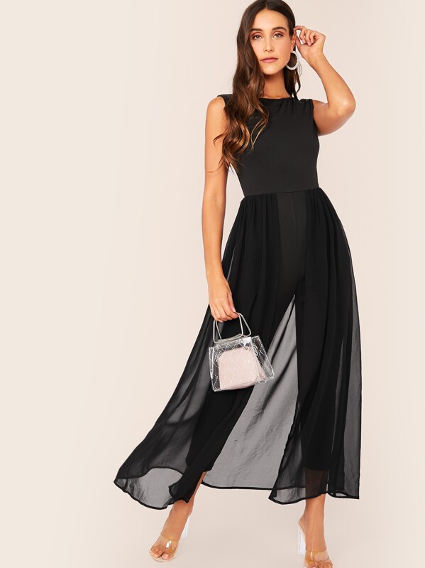 

Solid Tank Crop Jumpsuit With Skirt, Black, Anna Herrin