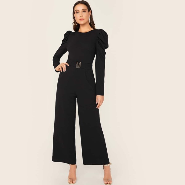 

Puff Sleeve Buckle Belted Wide Leg Jumpsuit