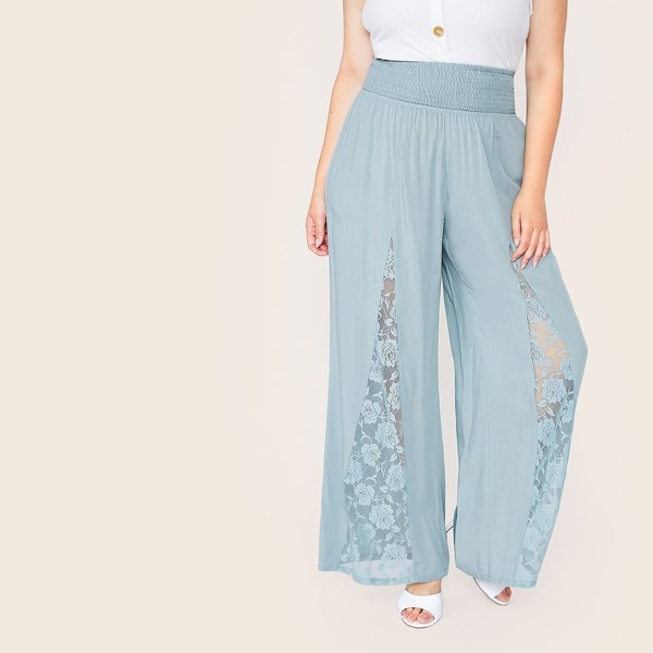 

Plus Shirred Waist Lace Insert Wide Leg Pants, Green