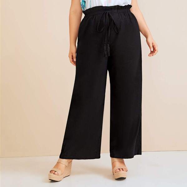 

Plus Paperbag Waist Fringe Detail Wide Leg Pants