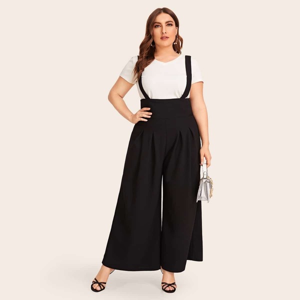 

Plus Solid Zip Back Wide Leg Pinafore Pants, Black