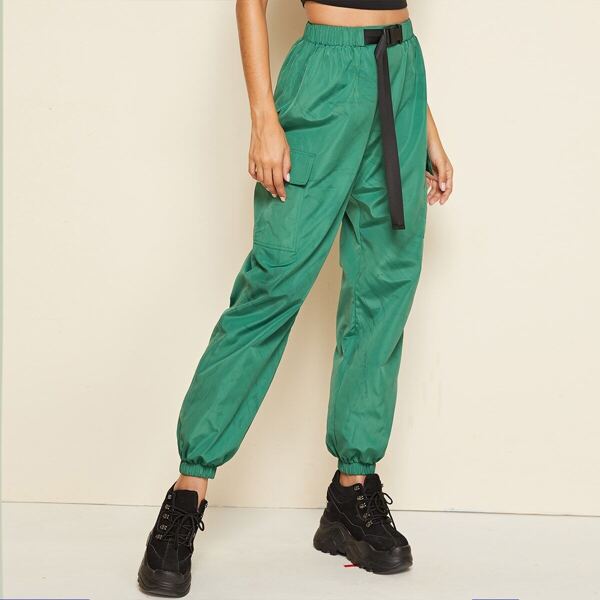 

Elastic Waist Flap Pocket Push Buckle Belted Pants, Green