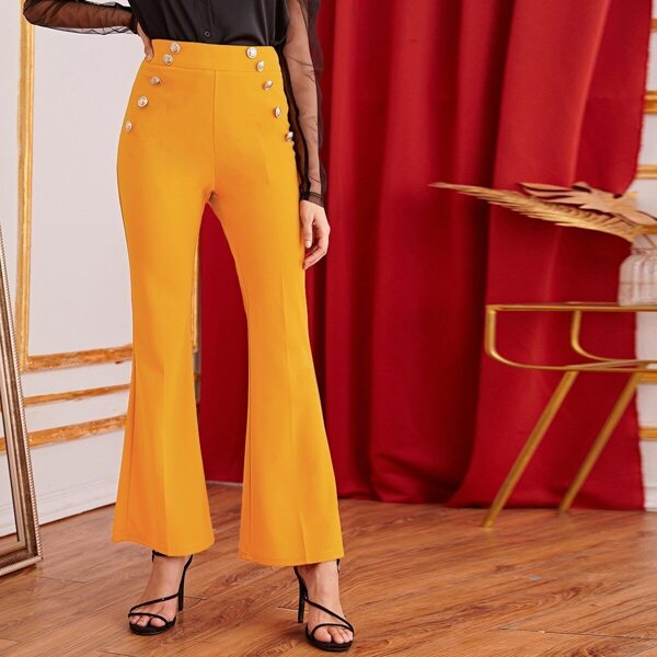 

Solid Button Detail Flare Leg Pants