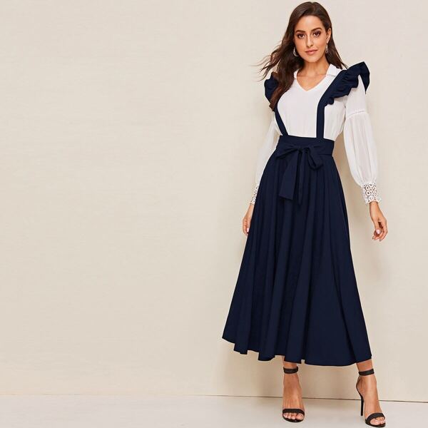

Wide Waistband Belted Skirt With Ruffle Strap, Navy