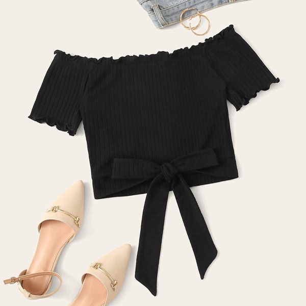 

Solid Off Shoulder Lettuce Trim Tie Front Top