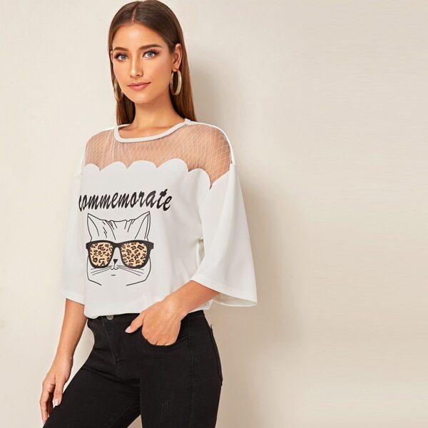 

Letter & Cartoon Graphic Mesh Yoke Tee