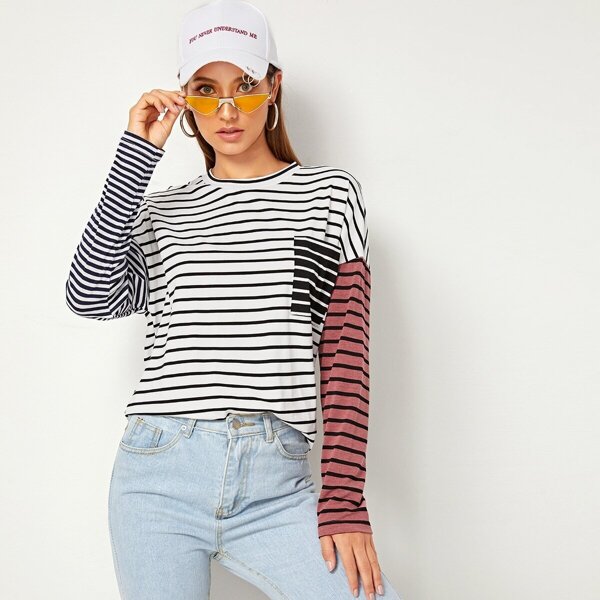

Striped Print Drop Shoulder Tee, Multicolor