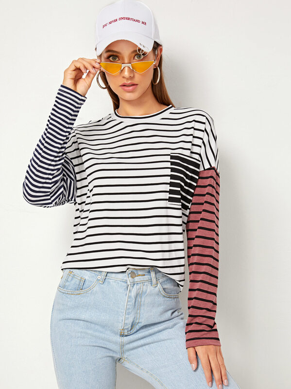 

Striped Print Drop Shoulder Tee, Multicolor, Debi Cruz