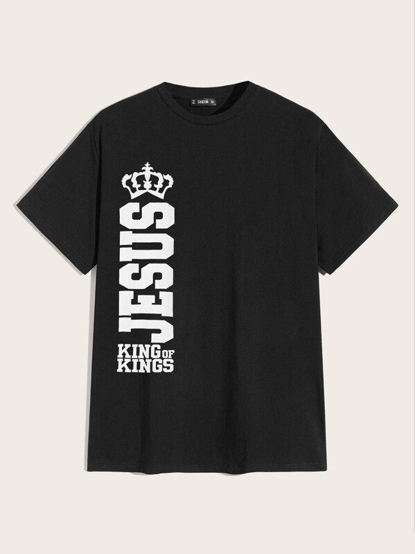 

Men Slogan and Crown Print Tee, Black