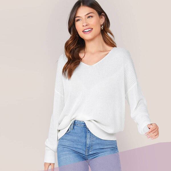 

Solid Drop Shoulder Knit Top, White