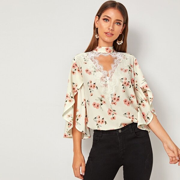 

Choker Neck Eyelash Lace Trim Cape Sleeve Top, Beige pastel