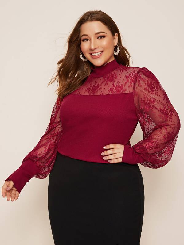 

Plus Mock Neck Floral Lace Shoulder Top, Burgundy, Ray