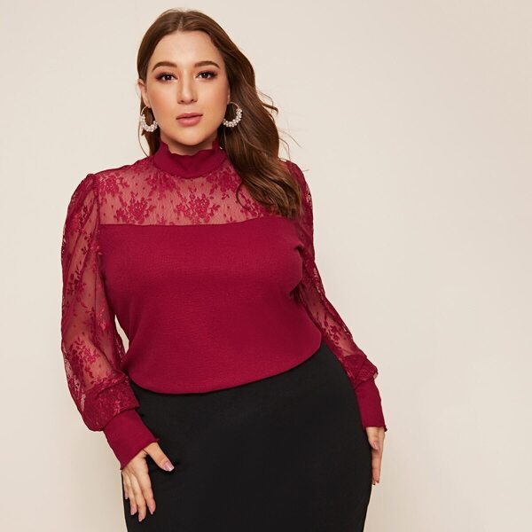 

Plus Mock Neck Floral Lace Shoulder Top